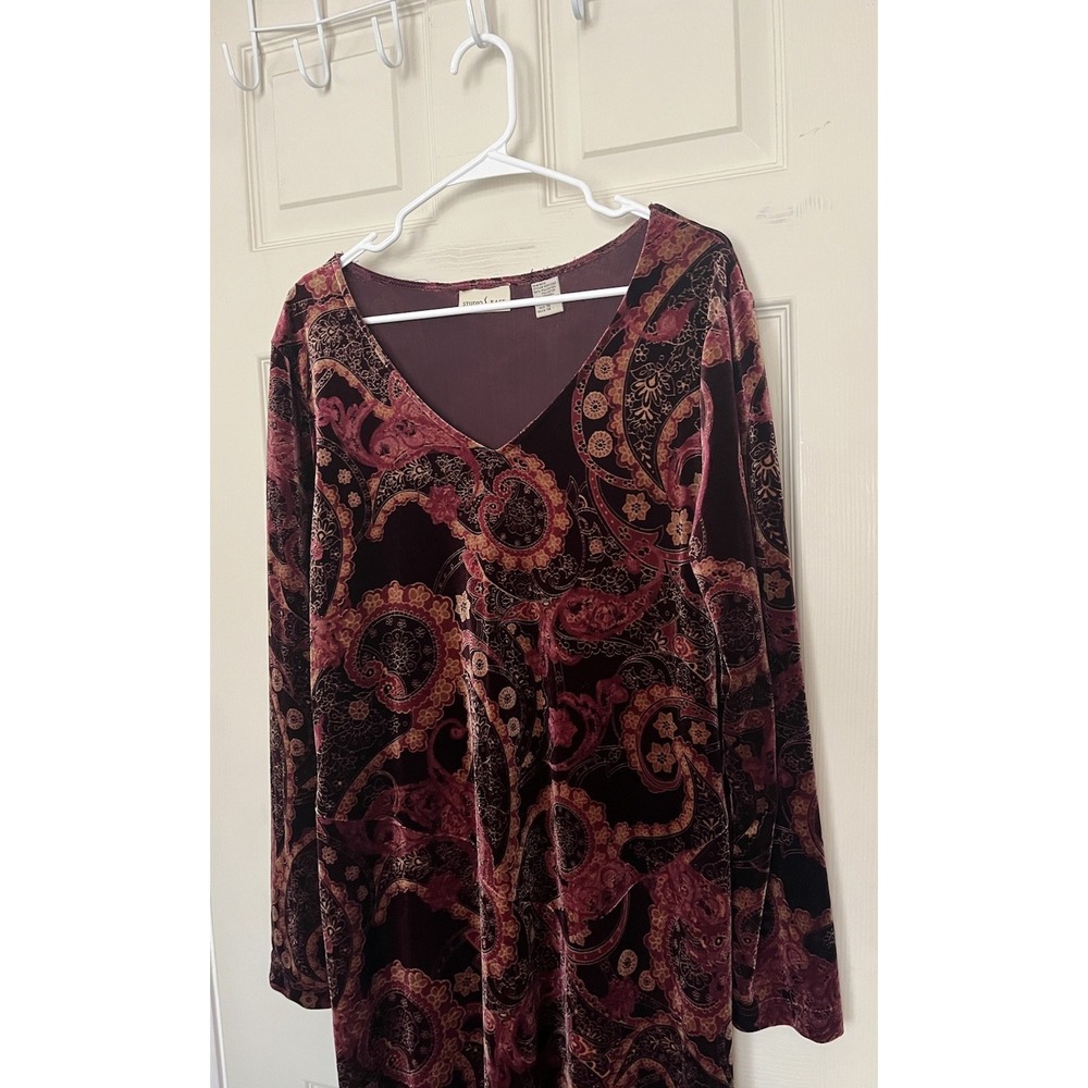 Vtg Studio Ease Velvet Paisley Boho Maxi Dress Stretch Red Women's 16 Whimsigoth - Picture 2 of 8